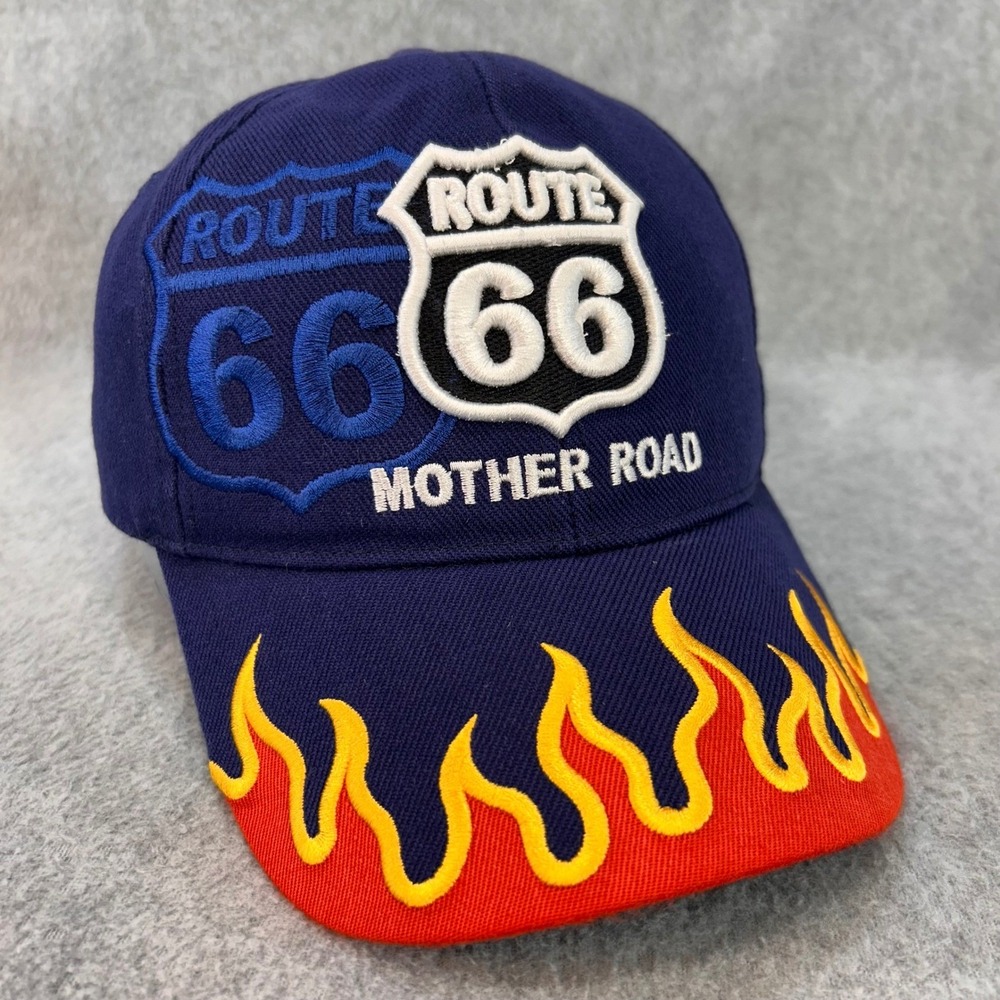Route 66 Mother Road Mens Blue Santo Cap Flame Embroidered Hat OSFA